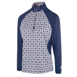 ISLAND GREEN LADIES CHEST PRINT 1/4 ZIP GOLF JUMPER – NAVY BLUE