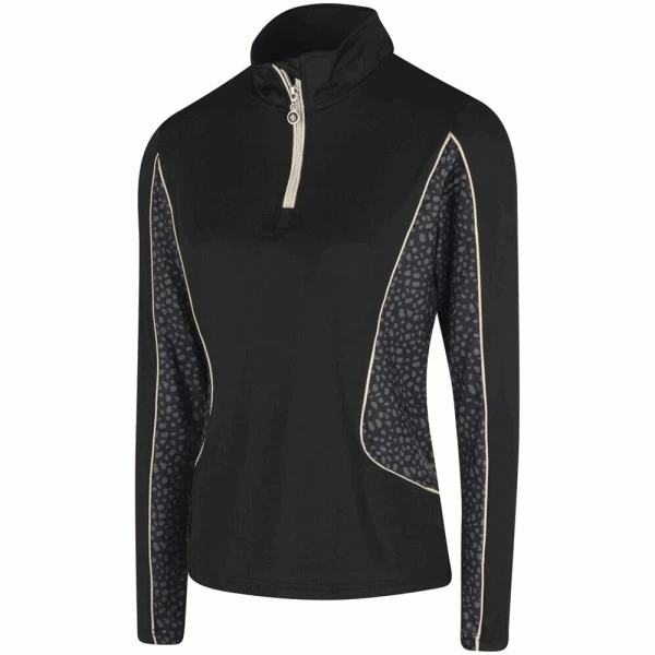 ISLAND GREEN LADIES PRINTED PANEL 1/4 ZIP GOLF JUMPER – BLACK / GOLD 3 ISLAND GREEN LADIES PRINTED PANEL 1/4 ZIP GOLF JUMPER – BLACK / GOLD