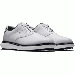 FOOTJOY FJ TRADITIONS SPIKELESS 57927 GOLF SHOES – WHITE / NAVY -CLUBS Sales Shop TRAD SPIKELESS WHITE6 600x600 1